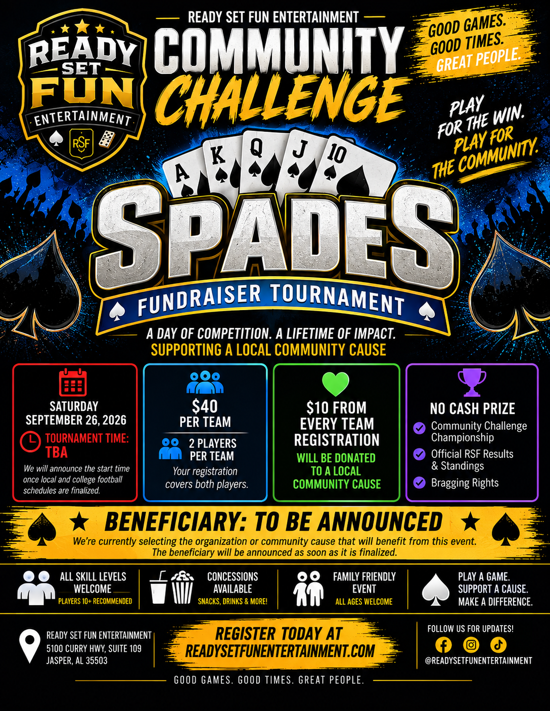 Community Challenge: Spades Fundraiser Tournament September 26, 2026